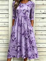 Purple Floral Crew Neck Half Sleeve A-Line Midi T-Shirt Dress For Women