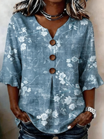 Blue Vintage White Floral V Neck Half Ruffle Sleeve Blouse For Women