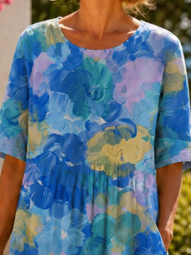 Blue Watercolor Abstract Print Crew Neck Half Sleeve A-Line Midi T-Shirt Dress For Women