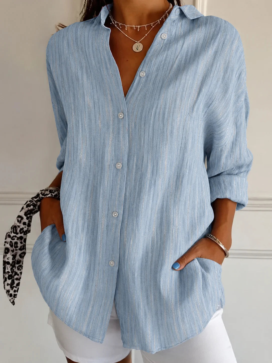 Blue Thin Stripe Shirt Collar Long Sleeve Loose Button Down Shirt For Women