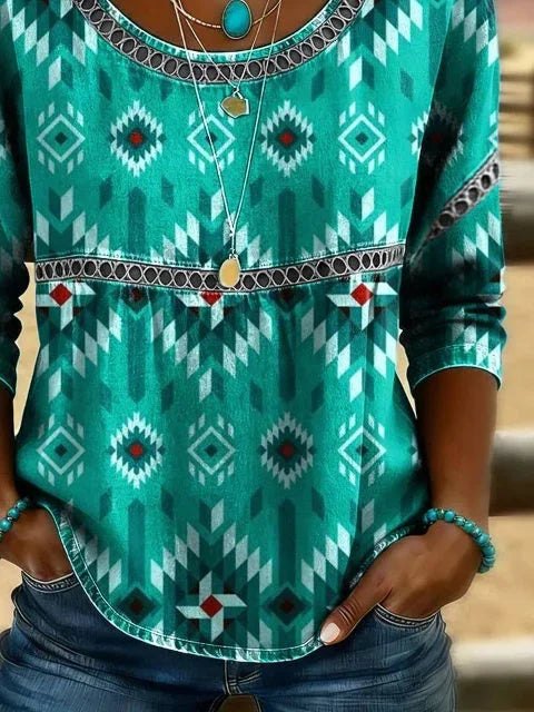 Green Western Geometric Tribal Print Crew Neck 3/4 Sleeve Loose Blouse For Women