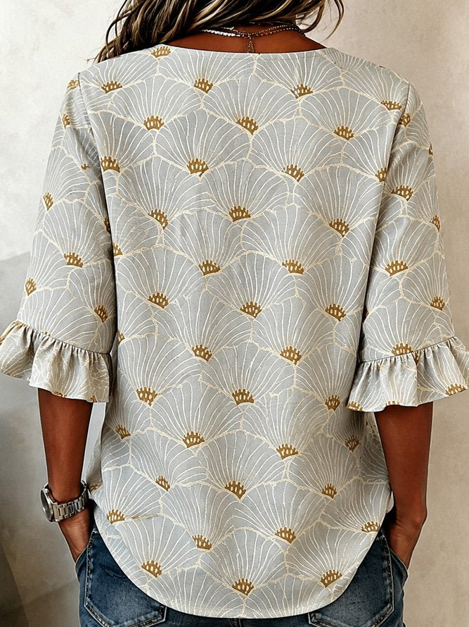 Light Green Ginkgo Leaf Print V-Neck Ruffle Half Sleeve Casual Blouse For Women