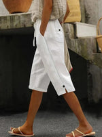 White Drawstring Waist Side Split Button Linen Straight Capri Pants For Women