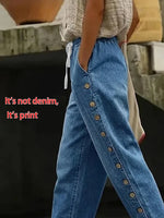 Blue Faux Denim Print Drawstring Waist Side Button H-Line Baggy Cropped Pants For Women