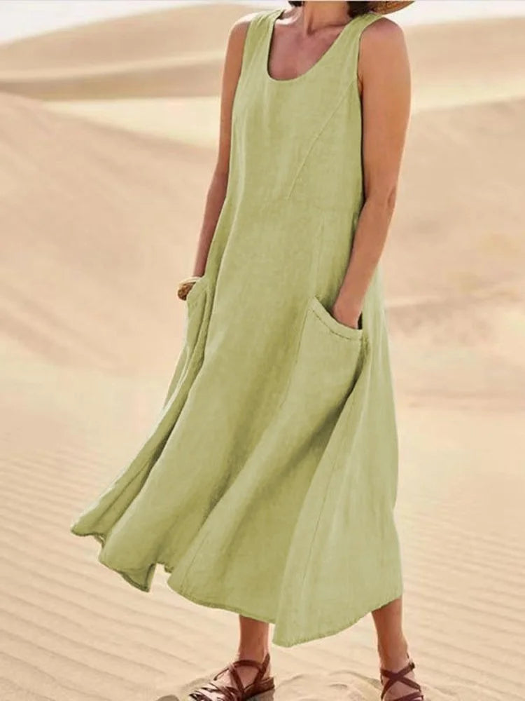 Sleeveless Round Neck Patch Pocket Linen Blend A-Line Maxi Dress For Women