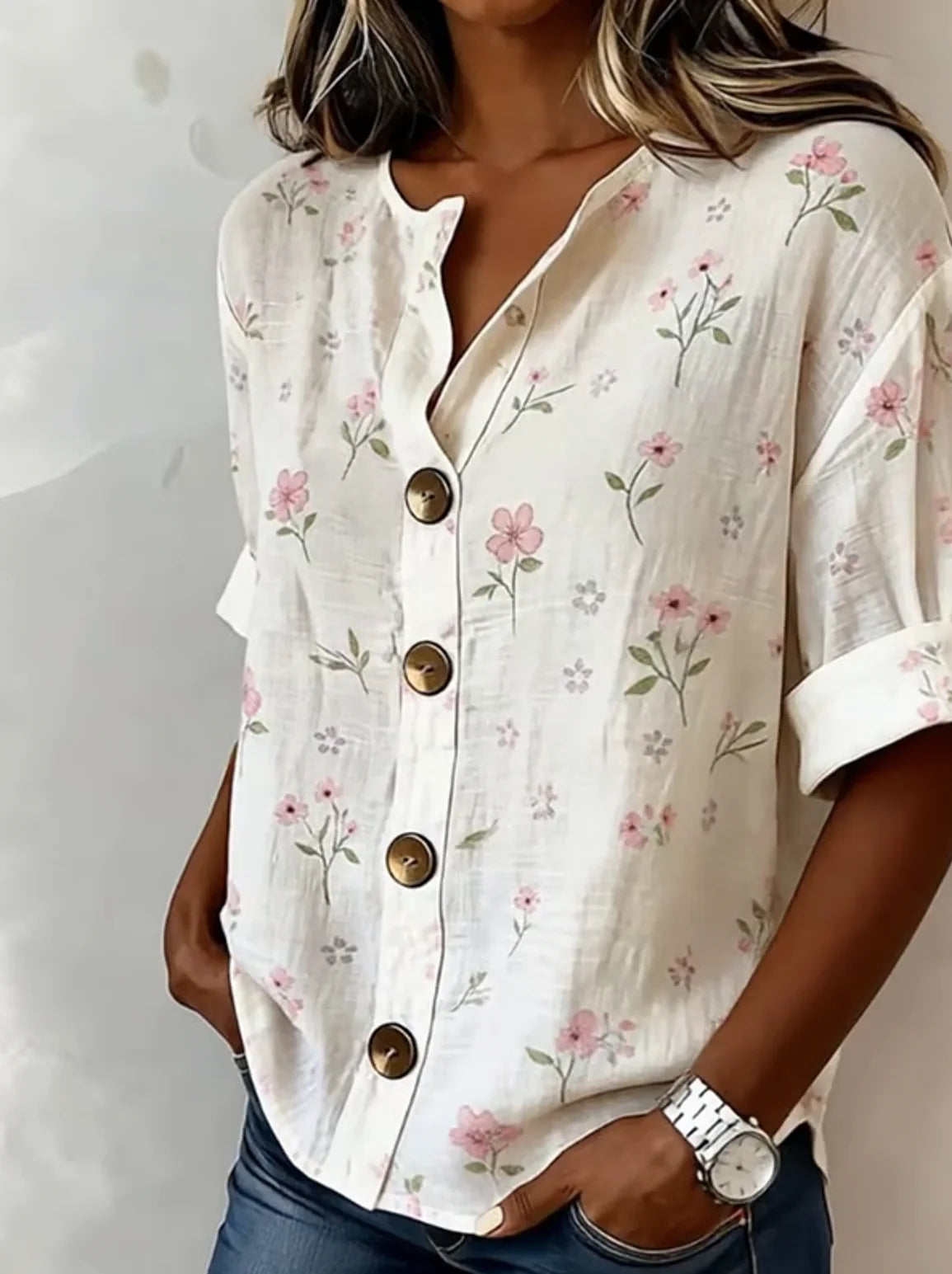 Apricot Pink Floral Print Stand Collar V-Neck Rolled Short Sleeve Linen Blend Blouse For Women