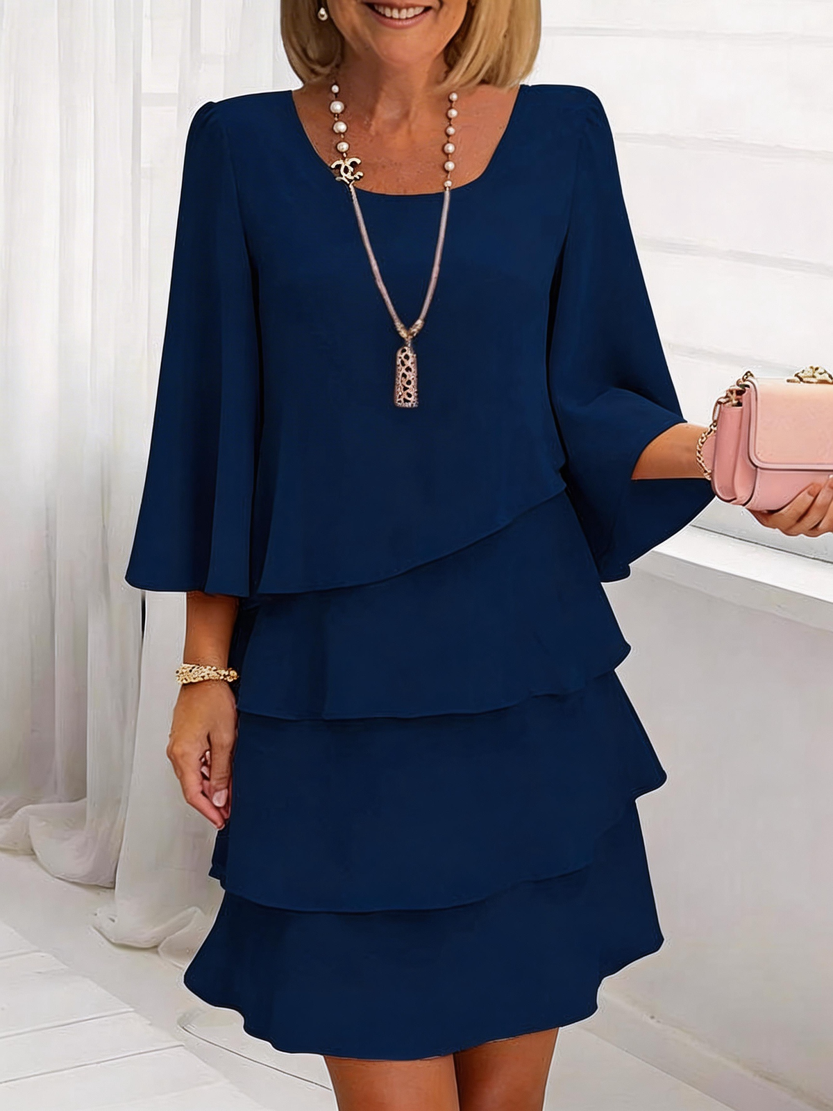 Navy Blue Square Neck Flare Three-Quarter Sleeve Multi-Layer Ruffle A-Line Short Dress For Women