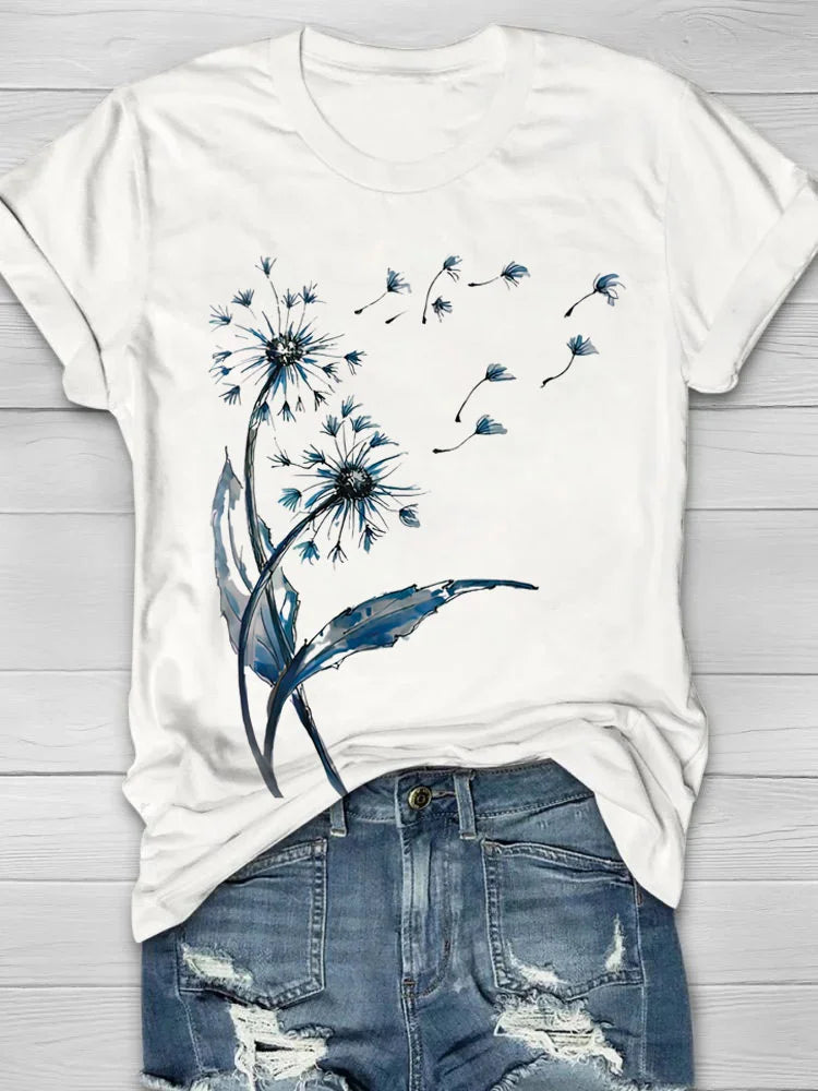 White Blue Watercolor Dandelion Print Crew Neck Short Sleeve Casual T-Shirt For Women