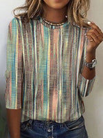 Khaki Multicolor Vertical Contrast Stripe Crew Neck Three-Quarter Sleeve Casual Blouse For Women