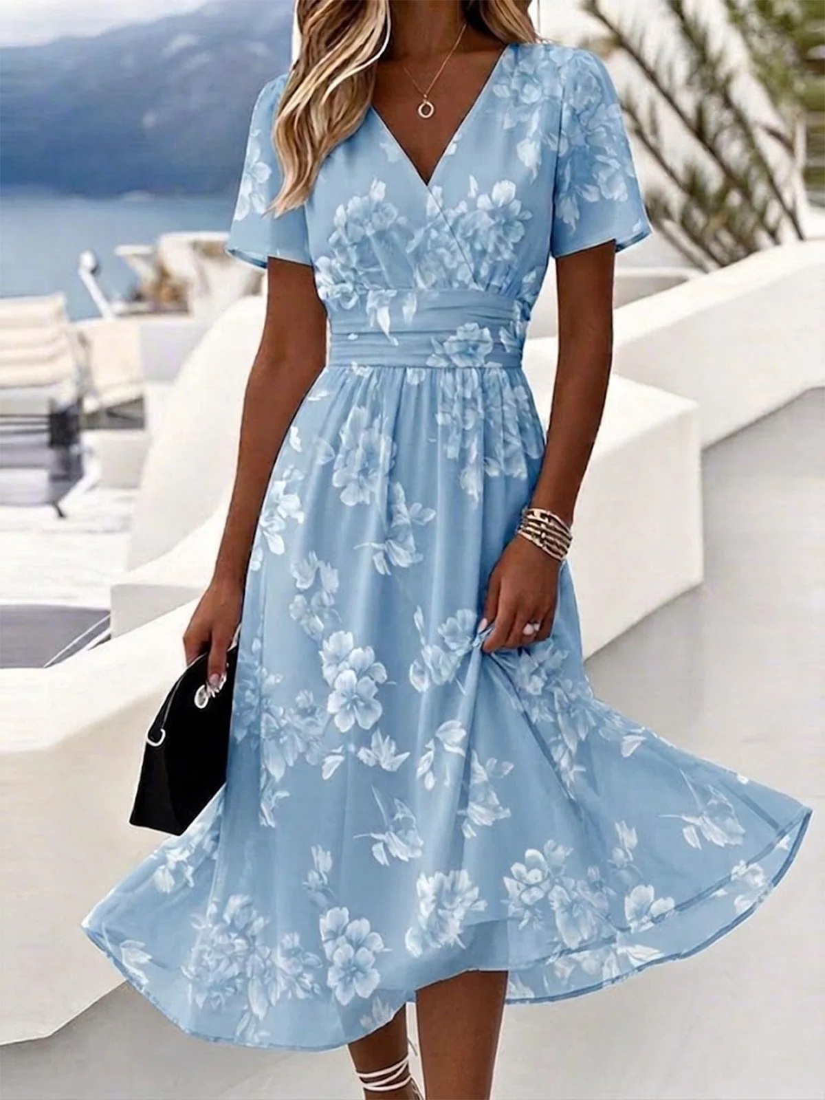 Light Blue White Floral Wrap V-Neck Short Sleeve Elastic Waist Boho Midi Dress For Women