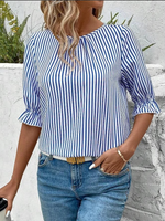 Blue White Vertical Striped Crew Neck Ruffle Half Sleeve Back Button Curved Hem Elegant Work Blouse For Women