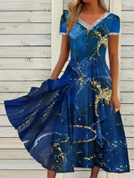 Deep Blue Casual V Neck Printed Short Sleeve Dress