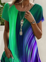 Green Purple Aurora Gradient Print Round Neck Short Sleeve Irregular Slit Hem Casual Midi Dress For Women