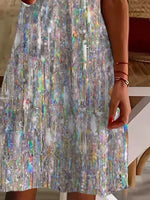 Holographic Sequin Print V-Neck Short Sleeve Loose Casual Mini Tank Dress For Women