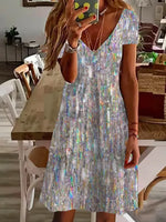 Holographic Sequin Print V-Neck Short Sleeve Loose Casual Mini Tank Dress For Women