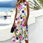 White Base Multicolor Watercolor Floral Round Neck Sleeveless Flowy A-Line Midi Summer Sundress For Women