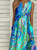 Blue Swirl Abstract Art Print Notched V-Neck Sleeveless Side Pocket Loose Midi Dress For Women