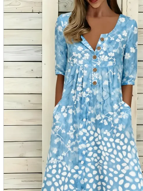 Blue Two-Tone Floral Dot Print Half Open Collar Half Sleeve Button Front Side Pocket Loose Midi Dress For Women