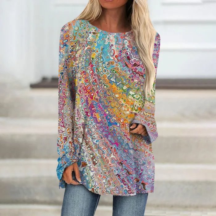 Multicolor Abstract Swirl Print Round Neck Long Sleeve Side Pocket Loose Longline Casual Tunic Top For Women