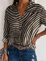 Gray Black Irregular Curved Stripe Lapel Collar Roll Sleeve Button Down Linen Feel Casual Shirt For Women