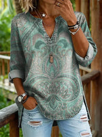 Ethnicity Light Blue Totem Women's Art Print Casual V-Neck Washed Cotton Denim Top