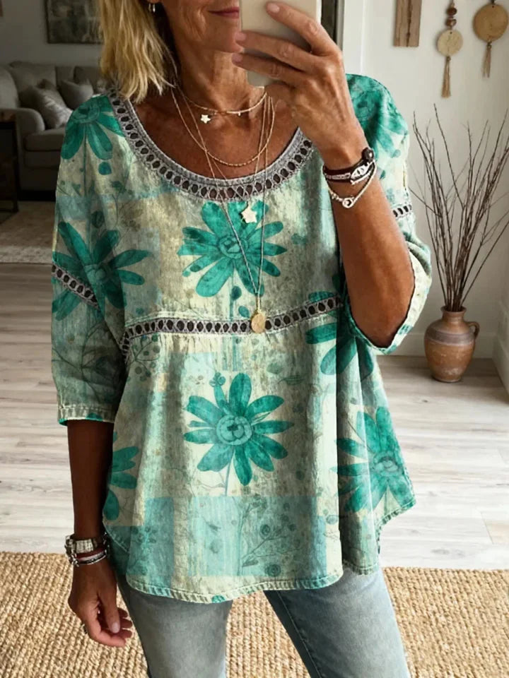 Women's Bohemian Vintage Floral Art Print Casual Round Neck Cutout Top