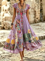 Women's Boho Floral Patchwork Print Cotton Maxi Dress