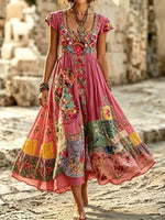 Women's Boho Floral Patchwork Print Cotton Maxi Dress