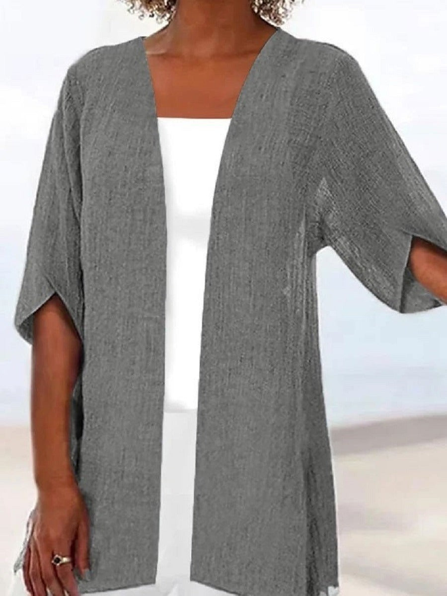 Crew Neck Casual Loose Plain Half Sleeve Cardigan