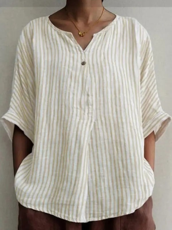 V-neck Loose Stripe Print Sunscreen Half Sleeves Blouse