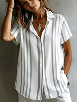 White Grey Vertical Striped Shirt Collar Short Sleeve Micro Elastic Loose Button Down Women Shirt