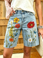 Women's Daisy Floral Print Cotton Denim Bermuda Shorts
