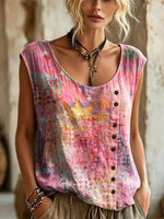 Women's Watercolor Gradient Print Button Detail Sleeveless Top Share on Facebook