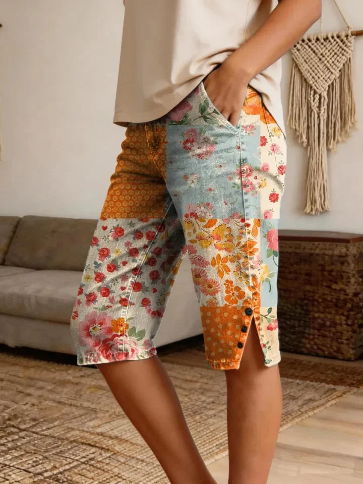 Women's Retro Patchwork Floral Art Print Casual Denim Shorts Share on Facebook