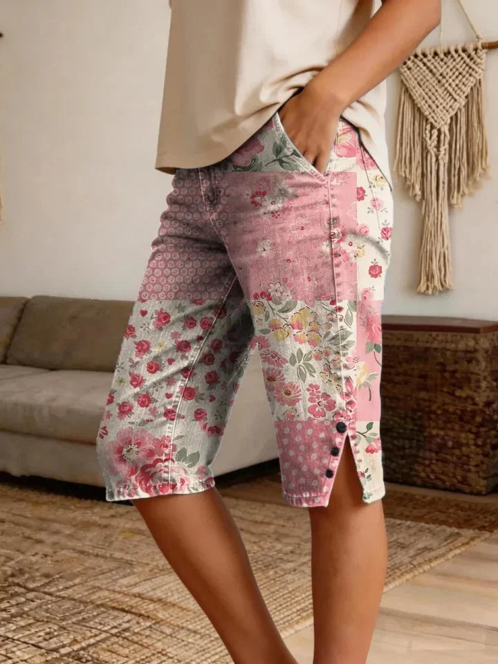 Women's Retro Patchwork Floral Art Print Casual Denim Shorts Share on Facebook