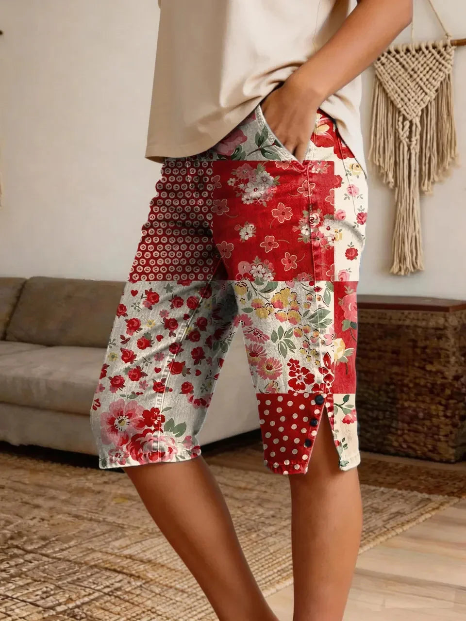 Women's Retro Patchwork Floral Art Print Casual Denim Shorts Share on Facebook