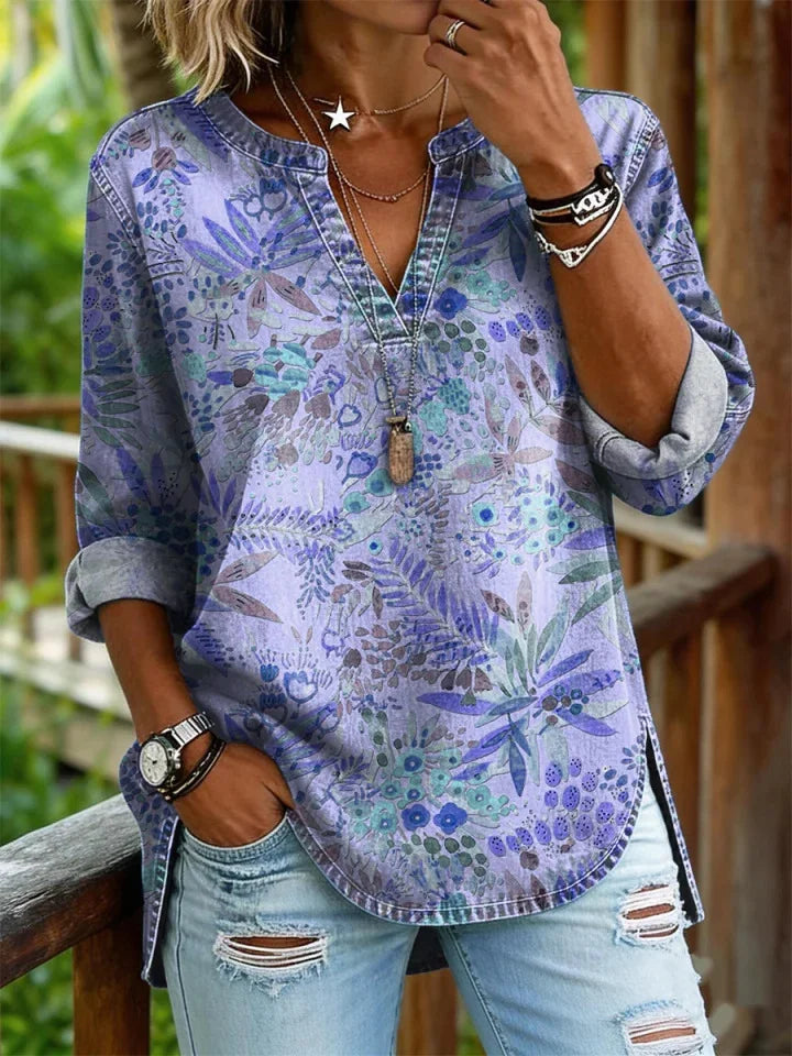 Women's Retro Floral Art Print Casual Long-sleeve V-neck Washed Cotton Denim Top