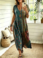 Women's Bohemian Colorful Textured Patchwork Art Print Cotton Dress with Pockets