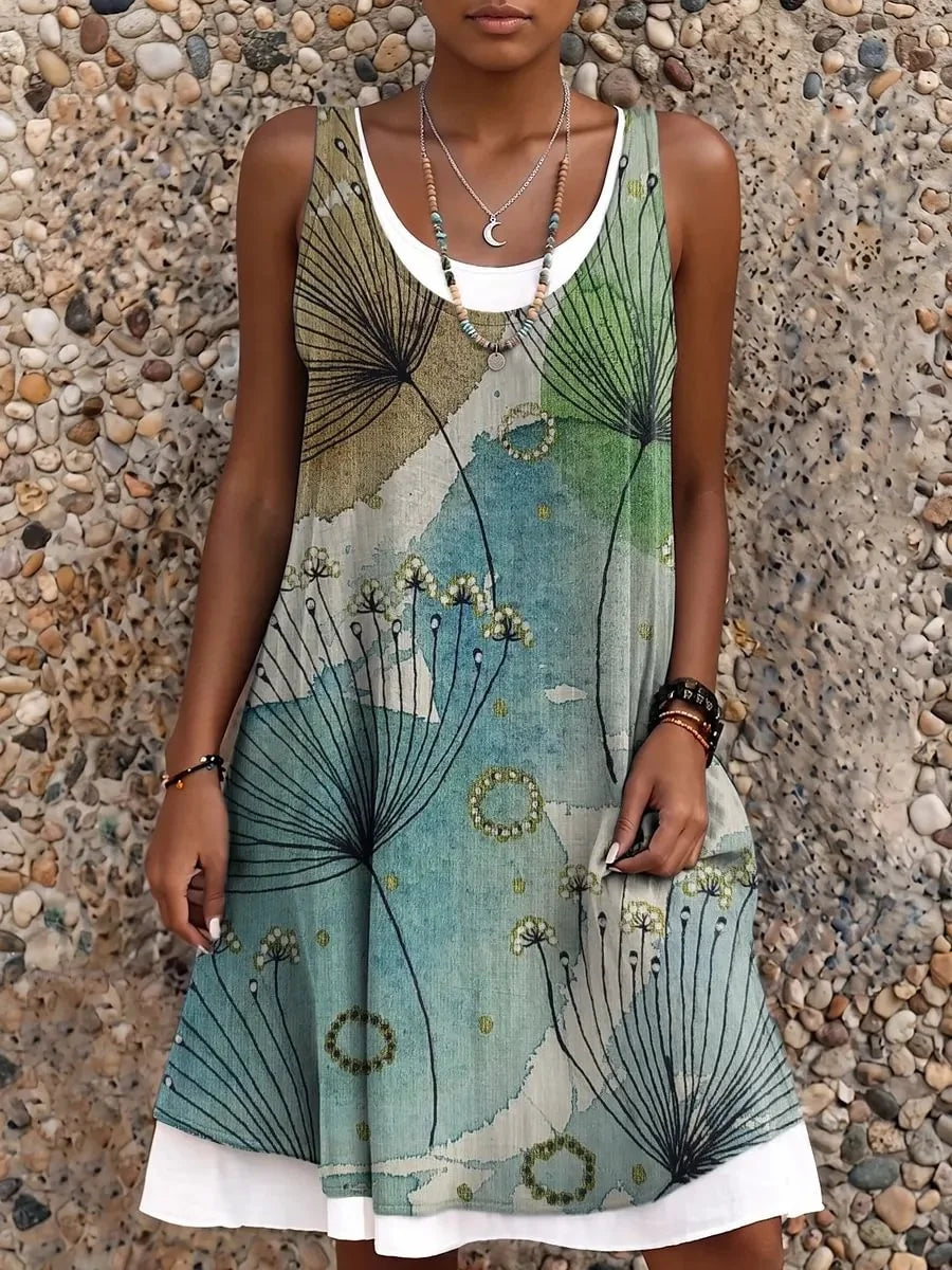 Ethnicity Watercolor Floral Geometry Women's Art Print Sleeveless Mini Dress