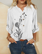 White Stand Collar Print with Buttons Casual 3/4 Sleevess Blouse