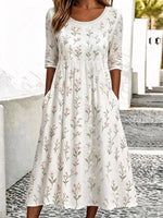 White Delicate Floral Print Crew Neck Half Sleeve Gathered Waist H-Line Midi Summer Dress With Side Pockets