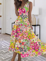 Pink Vibrant Multicolor Abstract Dot Print V-Neck Sleeveless Flowy A-Line Midi Summer Dress For Women