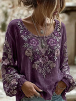 Purple Floral Embroidered Crew Neck Elastic Long Sleeve Micro-Elastic Regular Fit Women Blouse
