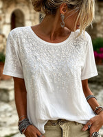 White Floral Embroidery Crew Neck Short Sleeve Casual Women T-shirt