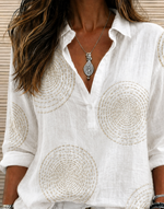 White Concentric Circle Embroidered Shawl Collar Long Sleeve Micro-Elastic Regular Fit Women Shirt