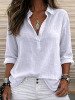 White Plain Shawl Collar Long Sleeve Micro-Elastic Regular Fit Women Shirt