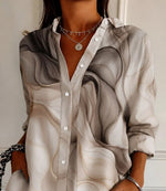 Gradient Wave Print Collared Loose Long Sleeve Shirt