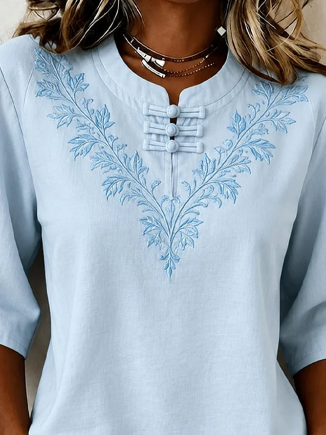 Sky Blue Mandarin Collar Floral Embroidered Half Sleeve Blouse