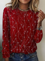 Red Print Round Neck Long Sleeves Casual Blouse