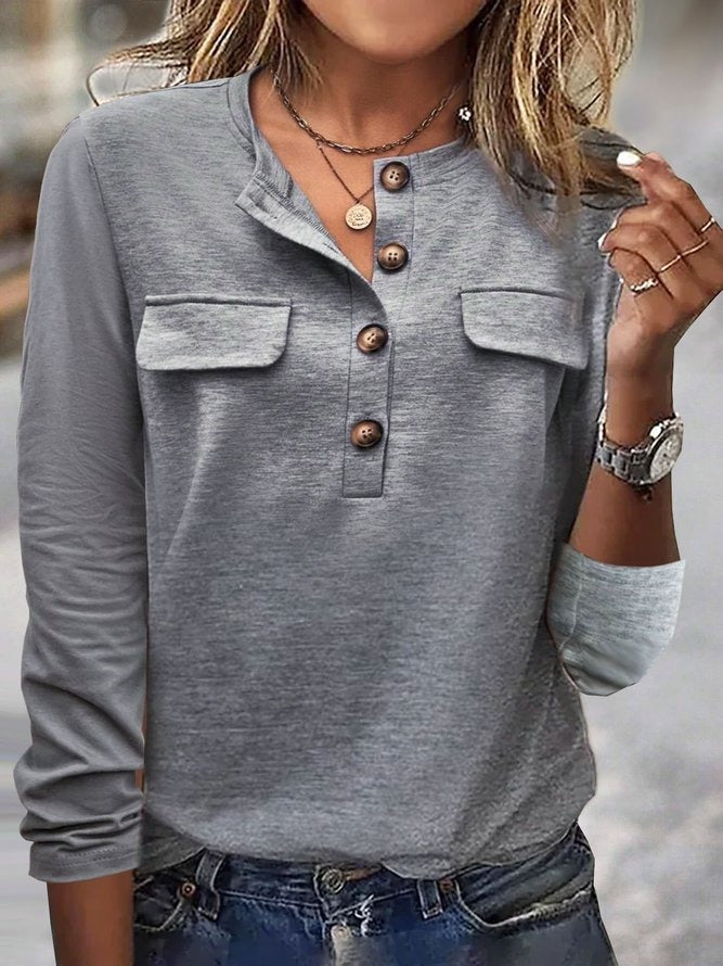 Plain Notched Long Sleeves Casual Blouse